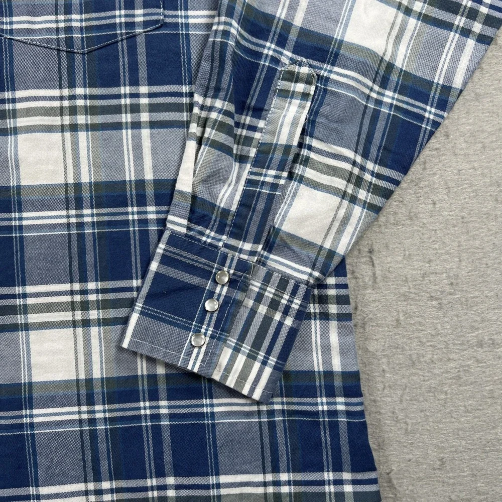 Ely Cattleman Pearl Snap Shirt Mens Large Blue Plaid Wrinkle Resistant